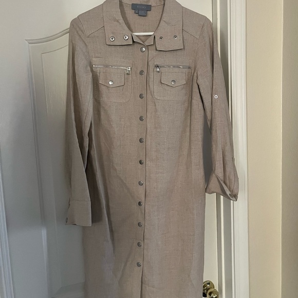 Tan Buttoned 3/4 Sleeve Shirt Dress - Picture 1 of 5